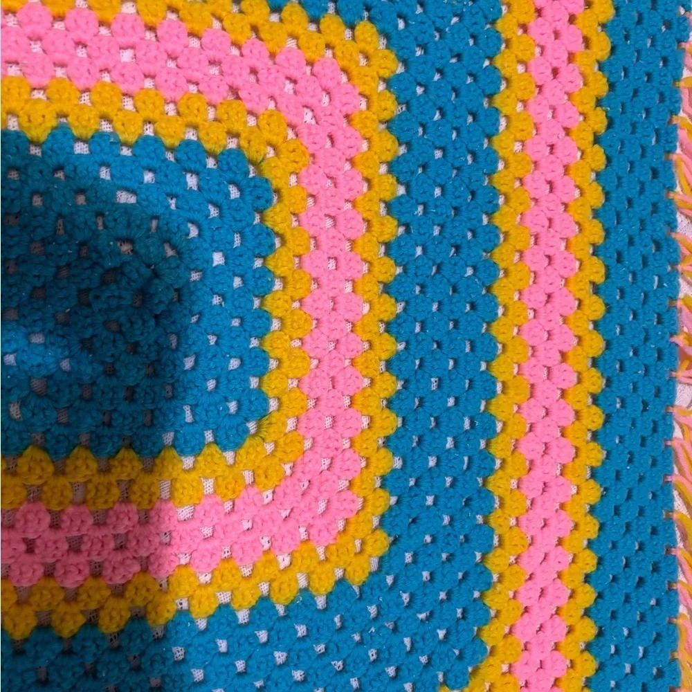 Afghan Crochet Baby Lap Blanket Throw Teal, Pink & Yellow 34 X 34